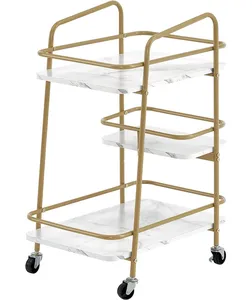 Chariot de service moderne en métal doré avec étagères en marbre blanc, design durable pour les fêtes et la restauration - Product Image 3