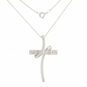 14K White Gold 0.20Ctw Diamond Signature Ribbon Cross Pendant <b>Necklace</b> Moissanite Jewelry For Women Elegant Religious Gift - Product Image 3