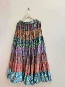 Vintage Gypsy Boho Patchwork Silk Flared Floor-Length <b>Skirt</b> <b>Elastic</b> Waist Handmade Digital Print Eco-Friendly Comfortable - Product Image 5