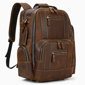 Brown Genuine <b>Leather</b> Backpack Men Casual Daily Use Adjustable Strap Zipper Closure Large Capacity 30-40L Interior Compartment - Product Image 1