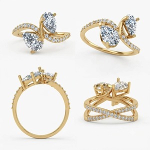 Bague de fiançailles de luxe en or jaune 18 carats avec deux diamants de laboratoire taille poire de 2,10 ct, couleur G, pureté VS1, et bande unique en forme de bypass - Product Image 5