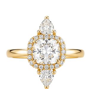 Luxurious cushion halo ring in 18K yellow gold with dazzling cushion diamond round halo and pear side stones couture brilliance - Product Image 1