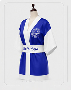 Robe kimono personnalisée en satin de soie respirant à manches courtes pour femme, bleu et blanc, longueur genou, vêtements de détente, service OEM - Product Image 2