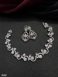 Classic American Brass Diamond Bridal Jewelry <b>Set</b> Two-Piece <b>Necklace</b> Earrings for Wedding Party Gift Occasions <b>Silver</b> Plated - Product Image 6