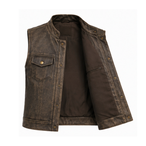 Gilet moto en cuir véritable pour homme, col montant, finition marron délavé, fermeture à bouton unique, longueur standard, vêtement d'extérieur - Product Image 6