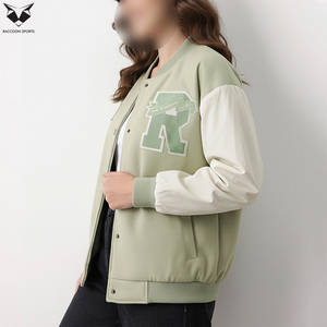 New Arrival Green White Full Sleeve Crew Neck Button Closure Letter R <b>Patch</b> Design Autumn Regular Length Women Varsity <b>Jackets</b> - Product Image 2