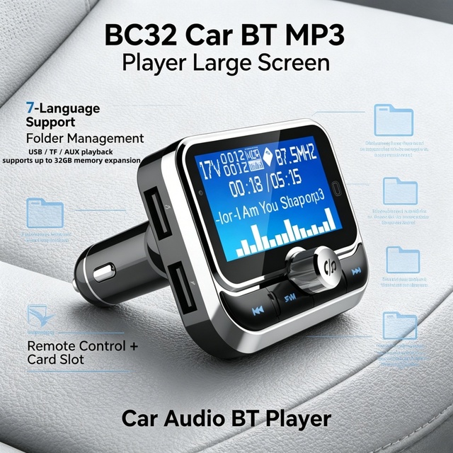 BC32 Car  MP3 Player Large Screen FM Audio Receiver USB SD Card Slot Wireless Car Music Player Remote Control