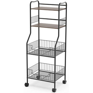 Étagère de rangement de cuisine en métal à 4 niveaux avec étagères en bois et paniers en fil métallique, chariot utilitaire roulant sur roulettes, organisateur de rangement pour la maison - Product Image 1