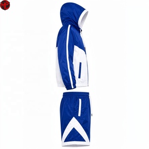 Conjunto Deportivo para Hombre, Chaqueta con Capucha Azul y Blanca con Cierre y Pantalones Cortos, Diseño Color Block, Transpirable, Cortavientos - Product Image 2