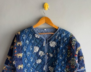 Quilted Jacket Women's Blue <b>Animal</b> Print Cotton V-Neck Three Quarter Sleeve Autumn Style gift <b>for</b> her - Product Image 2