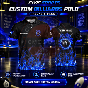 Polo de billard personnalisé pour homme, motif flamme bleue 8 balles, manches courtes, sublimation, maillot d'équipe, tissu polyester, haute qualité - Product Image 4