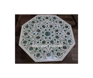 Plateau de table basse en marbre blanc de forme octogonale, de haute qualité, avec incrustation florale en lapis-lazuli, pour la décoration de café. - Product Image 6