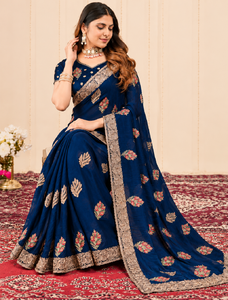 Vexotrend India Pakistan Premium <b>Velvet</b> Satin Traditional Customization <b>Saree</b> Women Embroidery Swarovski Jarkan Wrinkle-Free - Product Image 2