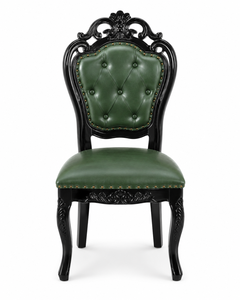 Chaise de salle à manger classique traditionnelle sculptée à la main en bois de Sheesham massif noir brillant, avec revêtement en Rexin vert capitonné pour chambre à coucher - Product Image 1