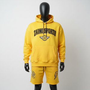 Conjunto de Sudadera con Capucha y Pantalones Cortos de Felpa de Algodón y Poliéster Amarillo para Hombre, con Logotipo Bordado y Apliques, Estilo Urbano - Product Image 6