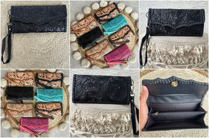 Fashionable Gift New Design Wristlet Wallet Hand <b>Tooled</b> <b>Leather</b> Clutch Purse Fashion Women Card Money Phone Wallet for Daily Use - Product Image 3