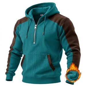 Sudadera con capucha de invierno para hombre, de forro polar 360GSM, con bloques de color y diseño de patchwork, media cremallera, cortavientos y cálida, tipo jersey, al por mayor - Product Image 4