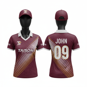 Camiseta de Cricket Premium para Mujer, 180 GSM, Poliéster Interlock, Roja con Paneles Diagonales Blancos y Grises, Diseño Personalizado con Logotipo Sublimado - Product Image 2