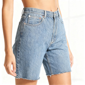Shorts de Mezclilla de Cintura Alta para Mujer, Corte Recto, Lavado a la Piedra, Algodón, Casuales, de Verano, con Bolsillos, Corte Regular - Product Image 1
