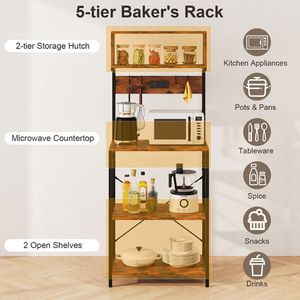 Soporte para Microondas de 60 Pulgadas de Alto con Estantes Abiertos y 10 Ganchos Colgantes, Solución de Almacenamiento para Cocina - Product Image 6