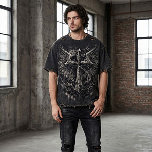 Camiseta Oversize Personalizada con Gráficos para Hombre, Estilo Vintage Desgastado con Alas Cruzadas, Streetwear, Lavado Ácido, Impresión Personalizada - Product Image 4