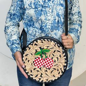 Bolso de Mano Redondo de Cuero Genuino Hecho a Mano de Primera Calidad, Diseño a Cuadros con Cerezas, Bolso Cruzado Floral para Mujer - Product Image 3