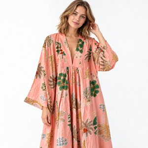 Robe longue bohème à imprimé floral, col en V, manches chauve-souris trois quarts, taille empire, coupe ample, décontractée pour l'été - Product Image 3