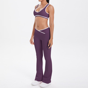 Women Patchwork Yoga Sports Bra Wide Leg Pants Set High Waist Casual Workout Fitness Activewear Lounge Outfit - Product Image 2