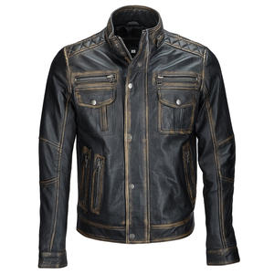 OEM Service <b>Men's</b> Genuine <b>Leather</b> Motorcycle <b>Jacket</b> Stand Collar Zipper Closure Solid Color Pockets Design Windproof <b>Jacket</b> - Product Image 2