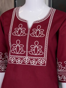 Ensemble Kurti en coton brodé marron pour femmes avec pantalon blanc, style décontracté ample, style indien pakistanais, à porter toute l'année - Product Image 6