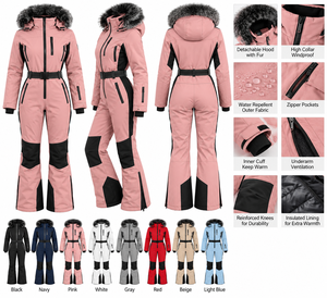 Combinaison de ski imperméable pour femme avec capuche, garniture en fourrure, blocs de couleur et fermeture éclair pour l'isolation - Product Image 4