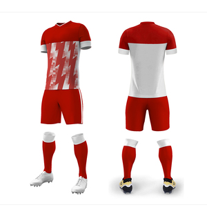 Maillot de football personnalisé pour homme, ensemble uniforme rouge et blanc à imprimé géométrique, manches courtes, col en V, 100 % polyester respirant - Product Image 1