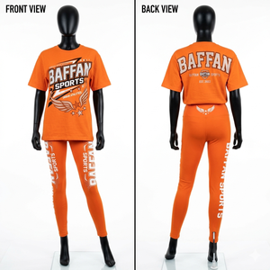 Conjunto de camiseta y leggings de algodón y poliéster premium de 180 GSM, color naranja, tela transpirable, logotipo con estampado gráfico, conjuntos para mujer - Product Image 5