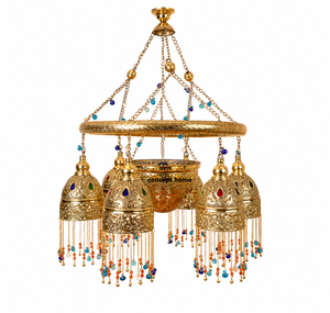 Lámpara de araña de latón dorado con pantallas de campana y cuentas de colores para iluminación de sala de estar E27 LED 220V - Product Image 1
