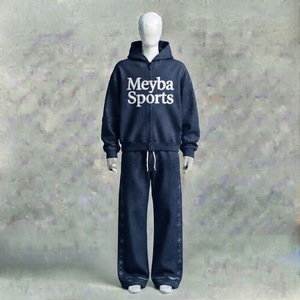 Ensemble de survêtement bleu marine avec sweat à capuche zippé et pantalon de jogging large, tenue streetwear deux pièces assortie avec détails latéraux - Product Image 1