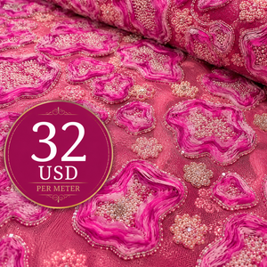 ผ้าตาข่ายโพลีเอสเตอร์ปักลายดอกไม้ 3 มิติ สีชมพูพรีเมียม หนัก 500 GSM ประดับลูกปัดอย่างดี ผ้าลูกไม้ตาข่ายกว้าง 54 นิ้ว สำหรับชุดเจ้าสาว - Product Image 4