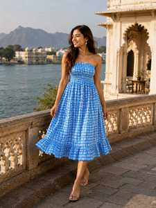 Indian Hand Block Printed Cotton Convertible <b>Dress</b> Women Strapless Smocked Tube Top <b>Dress</b> Blue Print Maxi Skirt - Product Image 1