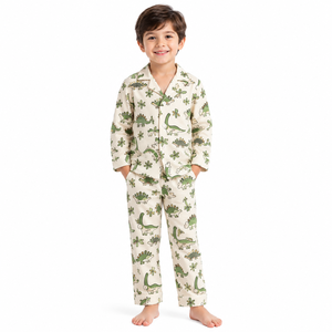 Ensemble de pyjama d'hiver pour garçons, motif dinosaure, ODM, chemise à manches longues boutonnée, pantalon long, ensemble de vêtements de nuit imprimé de dessins animés mignons, vente en gros - Product Image 1