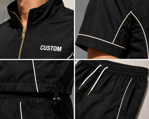 Ensemble streetwear léger 2026 personnalisé pour homme : coupe-vent deux pièces avec short, manches courtes, fermeture éclair intégrale, col montant et passepoil contrastant - Product Image 4