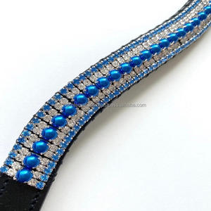 Bandes de front de cheval en forme de vague en cuir anglais noir avec 5 rangées de perles bleues et cristaux clairs strass bling bande de front en gros - Product Image 6