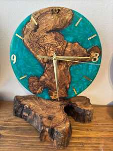 Handmade Olive Wood & Turquoise Epoxy Resin <b>Clock</b>: Unique Desk Decor - Product Image 2