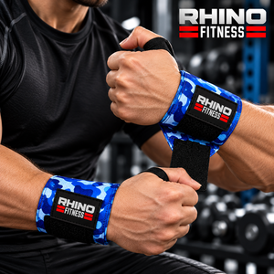 RHINO FITNESS Bandes de maintien pour poignets en coton camouflage bleu, sangles de soutien pour haltérophilie avec fermeture auto-agrippante, attelle de gym pour main gauche - Product Image 1
