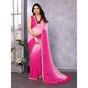 Sari de soirée tendance en géorgette brodée avec dentelle et blouse non cousue, multicolore - Product Image 1