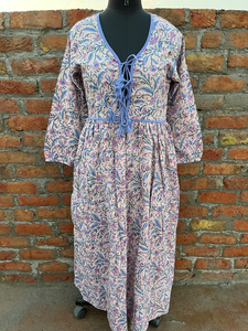 Robe longue maxi 100% coton, imprimée à la main, col en V, manches longues, motif floral, style décontracté indien, prix usine - Product Image 3