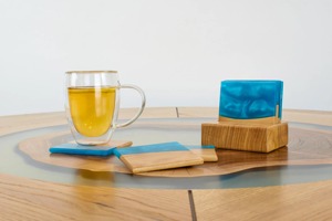 Premium Luxury Blue River Resin Wood Square Lightweight Eco-Friendly Non-Toxic Adjustable <b>Table</b> <b>Coaster</b> with Holder Model - Product Image 2