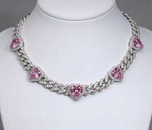 Pink Heart Cuban Link Necklace Iced Out <b>Silver</b> <b>Choker</b> Statement Pave Jewelry Handmade Bulk Product - Product Image 5