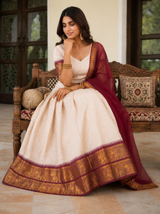 Conjunto de Lehenga Choli tejido con hilo rosa, vestido étnico indio con dupatta con borde color borgoña para MUJERES - Product Image 6
