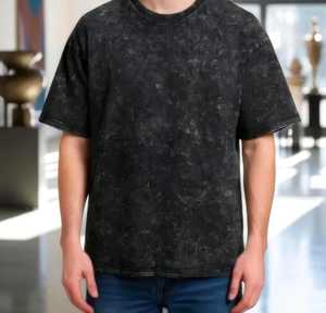 T-shirt décontracté pour homme en polyester/coton tricoté à manches courtes, col rond, noir délavé, style streetwear - Product Image 3