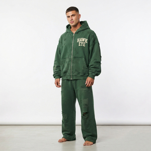 Conjunto de Chándal de Algodón de Alta Calidad para Hombre, con Sudadera con Capucha de Hombro Caído y Cremallera Completa, y Pantalones Jogger de Ajuste Relajado con Efecto Desgastado, Fabricante Mayorista - Product Image 6