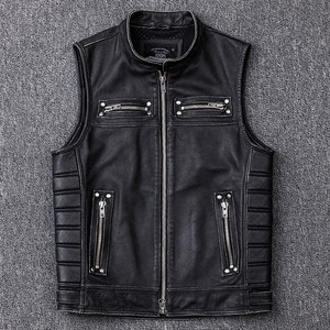 <b>Men's</b> Real <b>Leather</b> Solid Breathable Custom Black Top Selling Genuine Cowhide Biker <b>Waistcoat</b> Tactical Rider Outerwear Apparel - Product Image 4